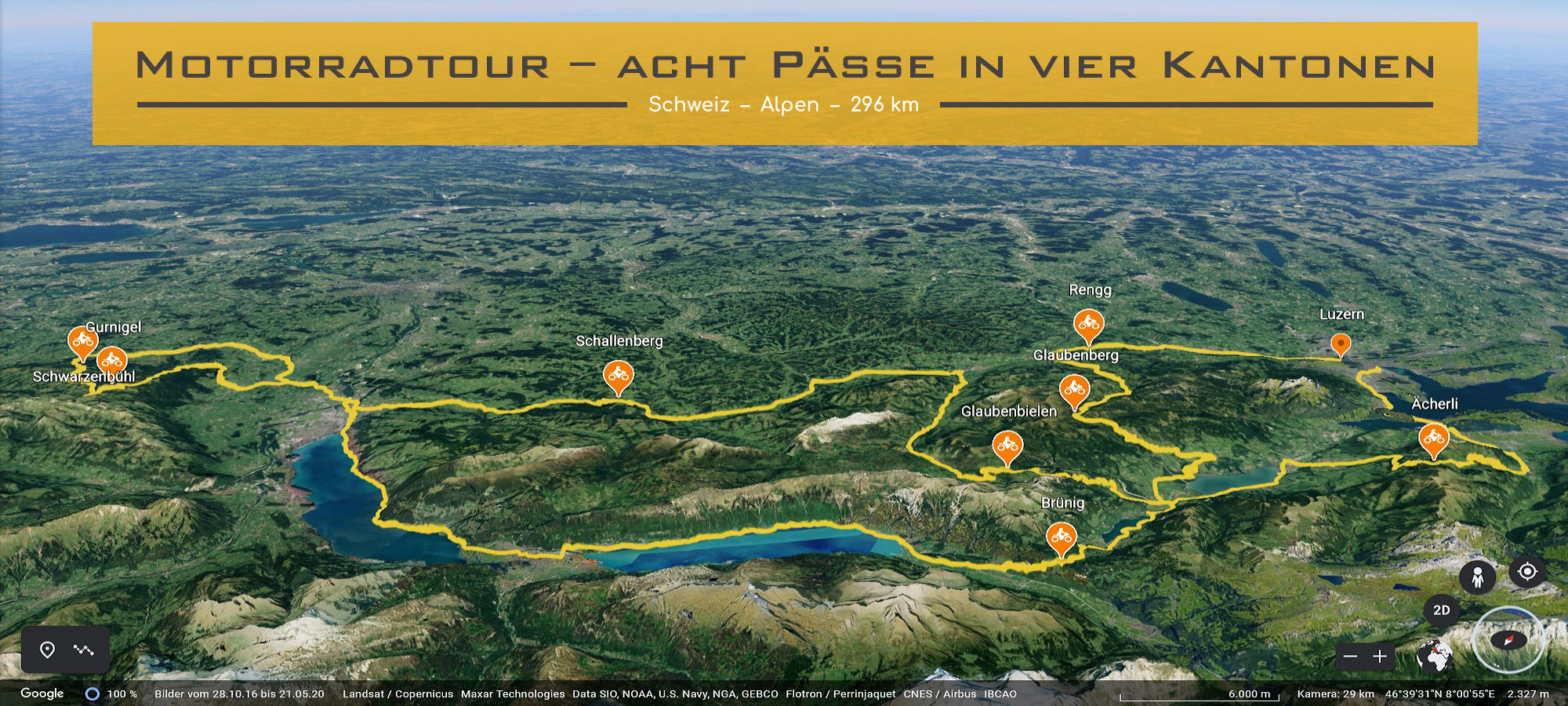 Kartenausschnit der Schweiz. Die Strecke der Motorradtour ist eingezeichnet. Im Textfeld steht geschrieben: Motorradtour ueber acht Paesse in vier Kantonen.