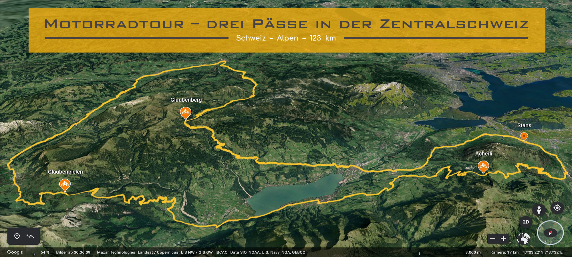 Kartenausschnitt der Zentralschweiz. Der Streckenverlauf der Motorradtour ist eingezeichnet. Im Textfeld steht geschrieben: Motorradtour ueber drei Paesse in der Zentralschweiz.