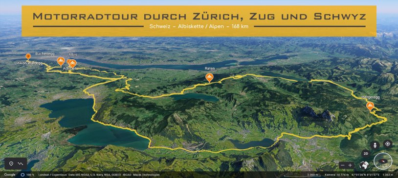 Ausschnitt der Schweizer Karte. Die Strecke der Motorradtour ist eingezeichnet. Im Textfeld steht geschrieben: Motorradtour durch Zuerich, Zug und Schwyz.