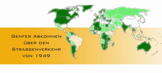 Weltkarte mit Umrisse der Kontinenten und den einzelnen Laender. Die Laender, welche das Abkommen von 1949 unterzeichnet haben, sind dunkelgruen markiert. Die Laender die den Fuerschein akzeptieren ohne das Abkommen ratifiziert zu haben sind hellgruen markiert Daneben steht geschrieben Genfer Abkommen ueber den Strassenverkehr von 1949.