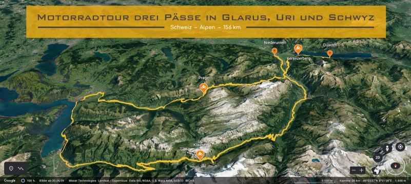 Ausschnitt der Schweizer Karte. Die Strecke der Motorradtour ist eingezeichnet. Im textfeld steht geschrieben: Motorradtour ueber drei Paesse in Glarus, Uri und Schwyz.