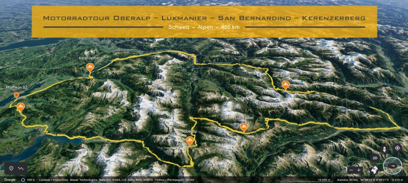 Ausschnitt der Schweizer Karte. Die Strecke der Motorradtour ist eingezeichnet. Im Textfeld steht geschrieben: Motorradtour ueber den Oberalp, Lukmanier, San-Bernardino und Kerenzerberg.