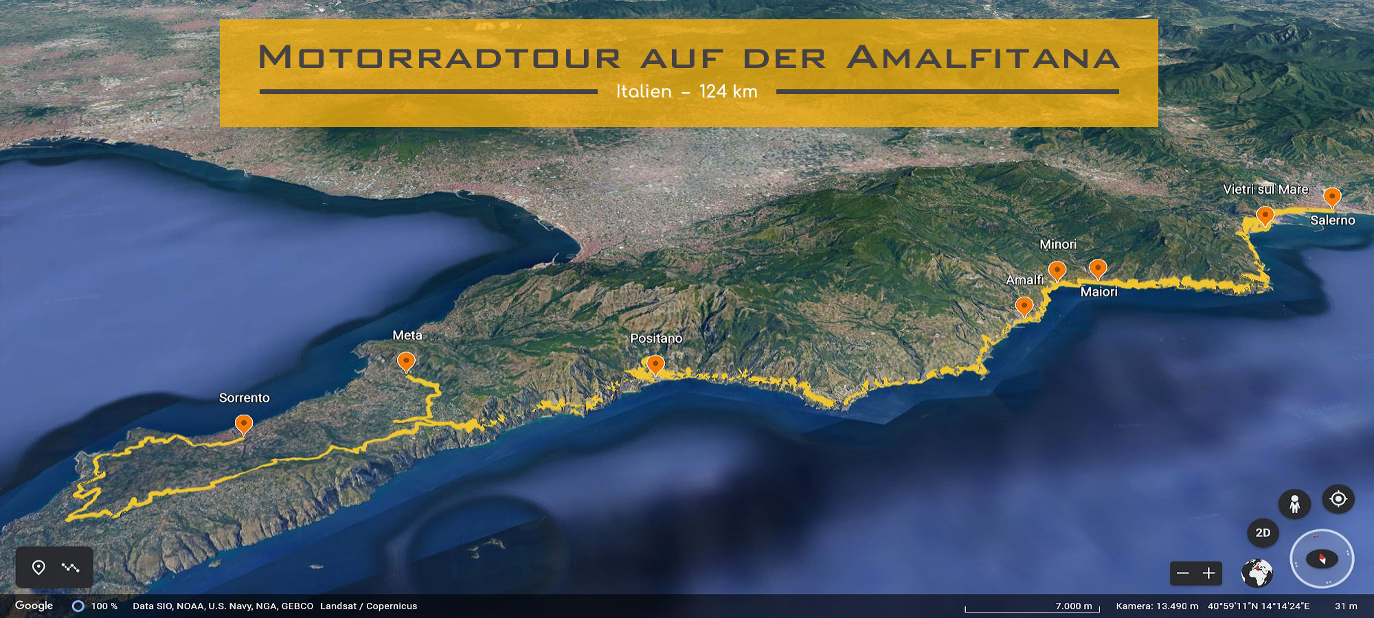 Kartenausschnitt von der Amalfikueste in der Region Kampanien in Italien. Die Strecke der Motorradtour ist eingezeichnet. Im Textfeld steht geschrieben: Motorradtour auf der Amalfitana.