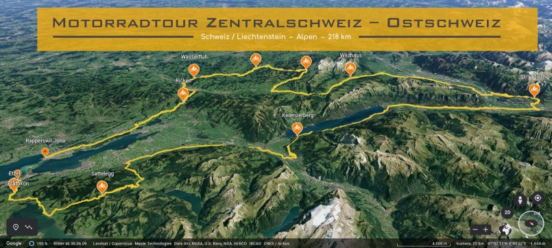 Ausschnitt der Karte Schweiz und Liechtenstein. Die Strecke der Motorradtour ist eingezeichnet. Im Textfeld steht geschrieben: Motorradtour in der Zentralschweoz und Ostschweiz.