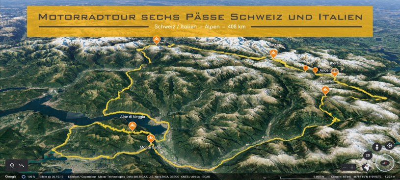 Ausschnitt der Karte Schweiz und Norditalien. Die Strecke der Motorradtour ist eingezeichnet. Im Textfeld steht geschrieben: Motorradtour ueber sechs Paesse in der Schweiz und Italien.