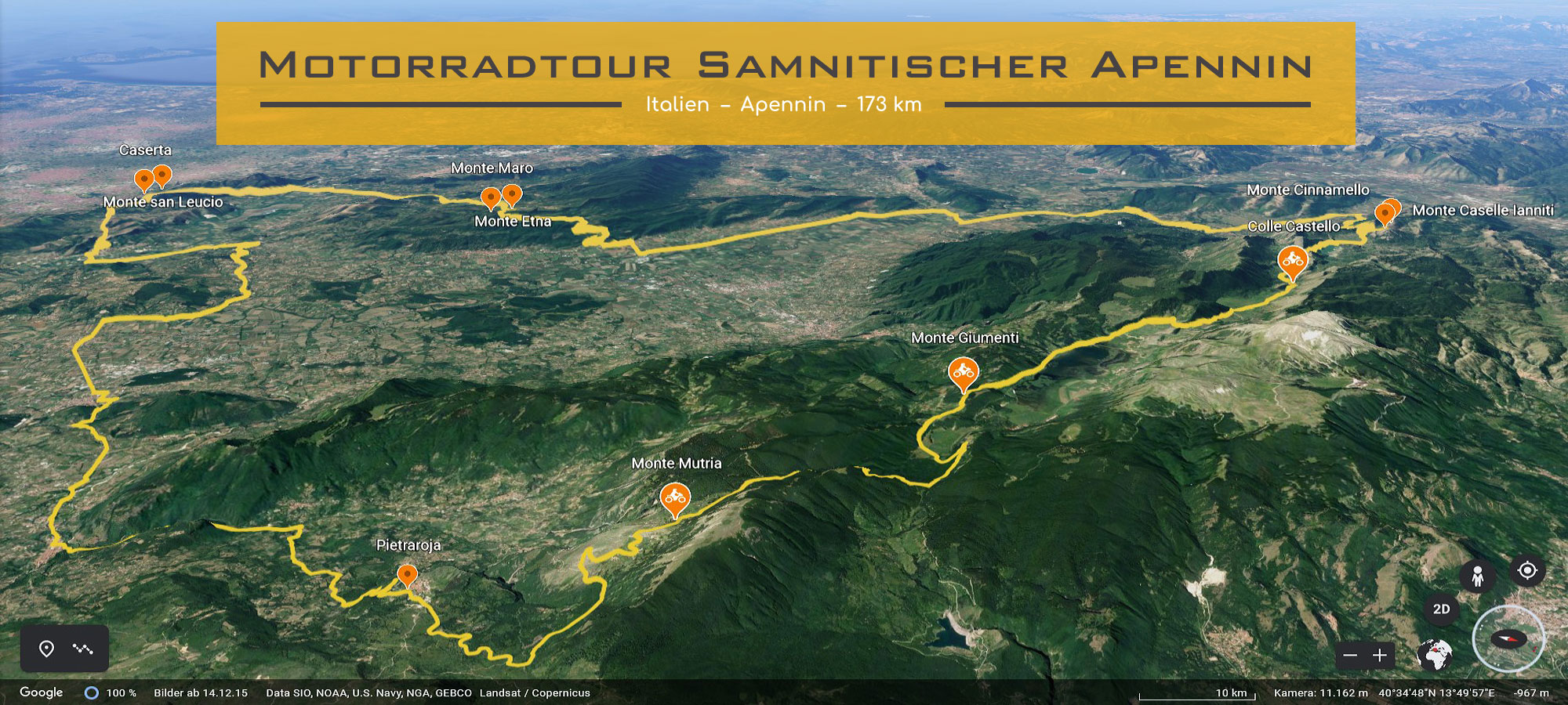 Kartenausschnitt von Sueditalien, der Region um Caserta, noerdlich von Neapel. Die Strecke der Motorradtour ist eingezeichnet. Im Textfeld steht geschrieben: Motorradtour Apennino Sannita.