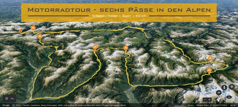 Ausschnitt Schweizer Karte und Norditalien. Die Strecke der Motorradtour ist eingezeichnet. Im Textfeld steht geschrieben: Motorradtour uber sechs Paesse in den Alpen.