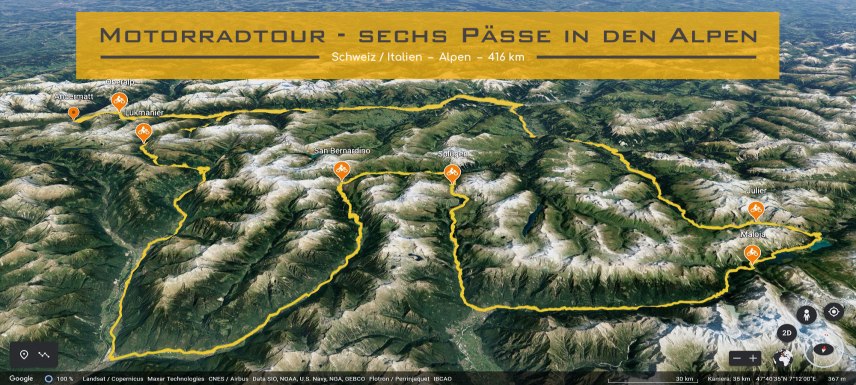 Ausschnitt Schweizer Karte und Norditalien. Die Strecke der Motorradtour ist eingezeichnet. Im Textfeld steht geschrieben: Motorradtour uber sechs Paesse in den Alpen.