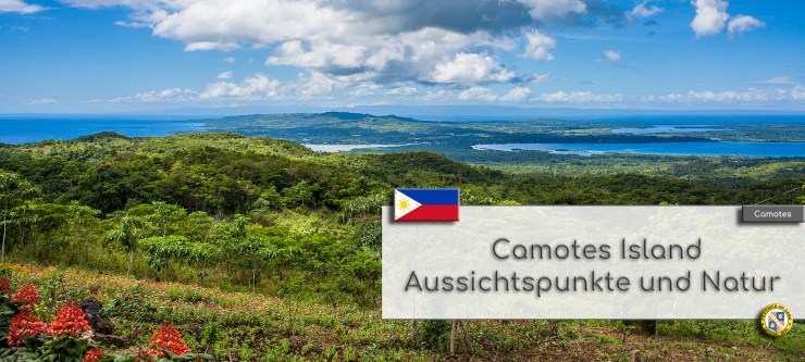 Aussicht vom hoechsten Berg auf Camotes ueber die Inseln Poro und Pacijan, ueber das Meer bis nach Cebu. Ebenfalls zu sehen ist der Lake Danao. Im Textfeld steht geschrieben: Camotes Island Aussichtspunkte. Wappen der Philippinen und der Provinz Cebu.