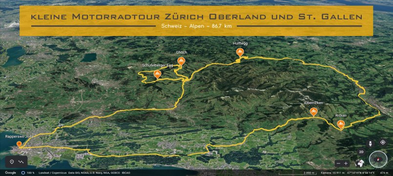 Kartenausschnitt Zürich und Ostschweiz. Die Strecke der Motorradtour ist eingezeichnet. Im Textfeld steht geschrieben: kleine Motorradtour in Zuerich Oberland und St.-Gallen. Wappen der Schweiz und den Kantonen Zuerich und St.-Gallen.
