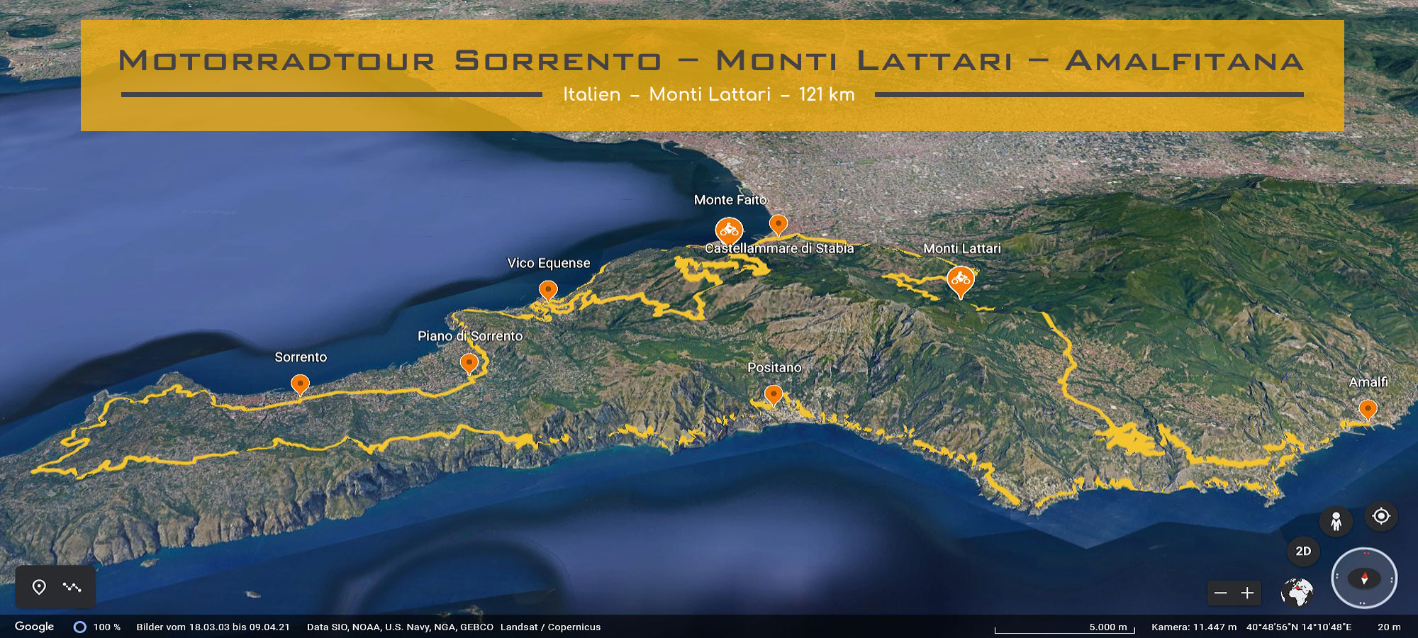 Kartenausschnitt von Sueditalien, der Region um Sorrento, suedlich von Neapel. Die Strecke der Motorradtour ist eingezeichnet. Im Textfeld steht geschrieben: Motorradtour Sorrento – Monti Lattari – Amalfitana.