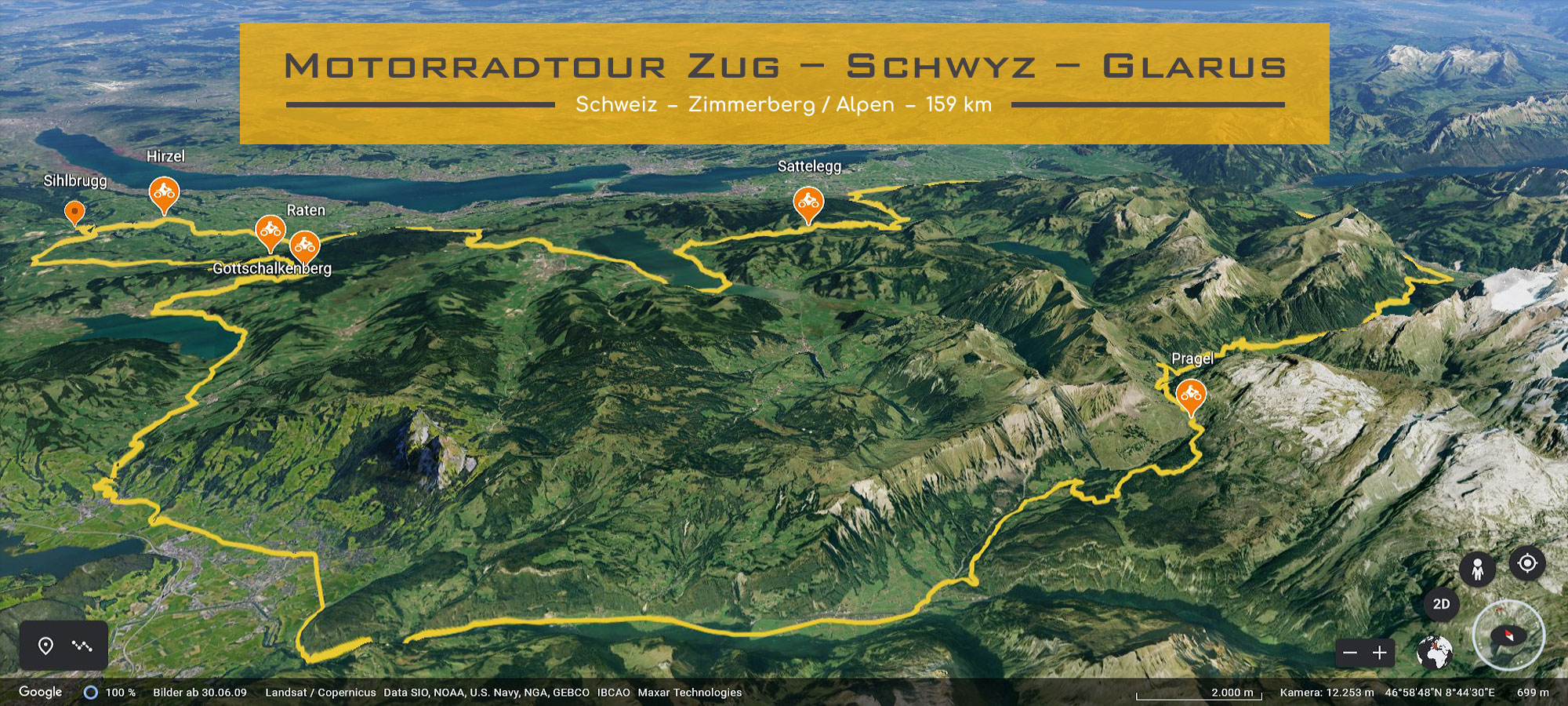 Ausschnitt der Schweizer Karte. Die Strecke der Motorradtour ist eingezeichnet. Im Textfeld steht geschrieben: Motorradtour durch Zug, Schwyz und Glarus.