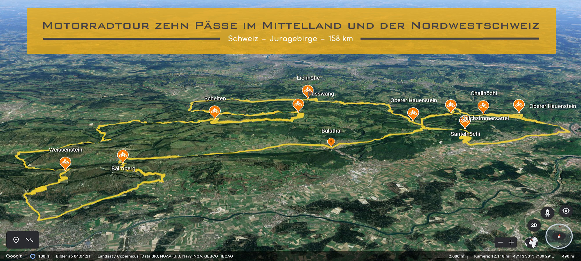 Ausschnitt Schweizer Karte. Die Strecke der Motorradtour ist eingezeichnet. Im Textfeld steht geschrieben: Motorradtour ueber zehn Paesse im Mittelland und der Nordwestschweiz.