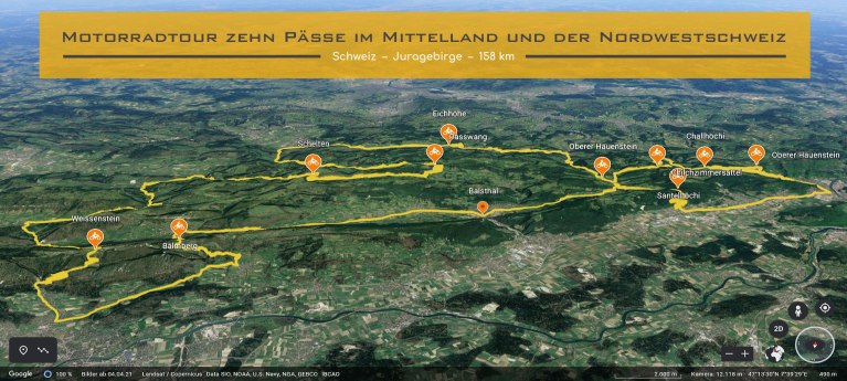 Ausschnitt Schweizer Karte. Die Strecke der Motorradtour ist eingezeichnet. Im Textfeld steht geschrieben: Motorradtour ueber zehn Paesse im Mittelland und der Nordwestschweiz.