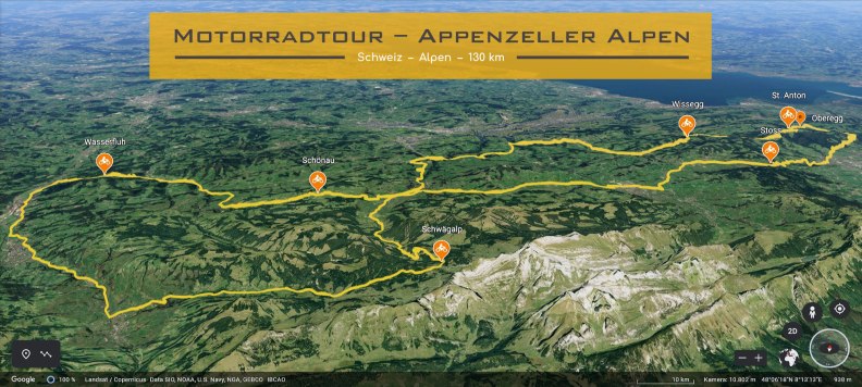 Kartenausschnitt Ostschweiz. Die Strecke der Motorradtour ist eingezeichnet. Im Textfeld steht geschrieben: Motorradtour in den Appenzeller Alpen.