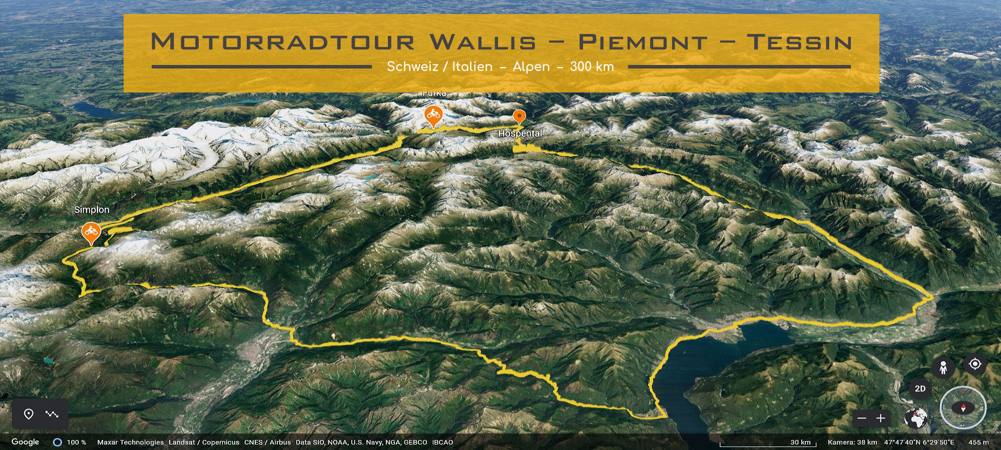 Ausschnitt Karte Schweiz und Norditalien. Die Strecke der Motorradtour ist eingezeichnet. Im textfeld steht geschrieben: Motorradtour im Wallis, Piemont und dem Tessin.