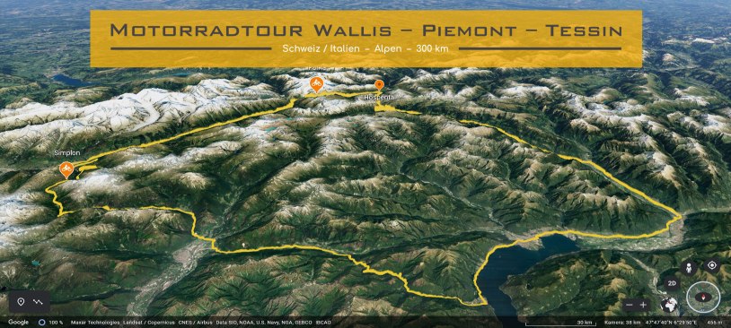 Ausschnitt Karte Schweiz und Norditalien. Die Strecke der Motorradtour ist eingezeichnet. Im textfeld steht geschrieben: Motorradtour im Wallis, Piemont und dem Tessin.