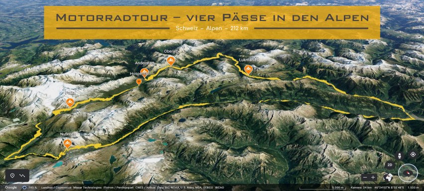 Karte mit Ausschnitt der Schweiz. Uri, Oberwallis noerdliches Tessin und westliches Graubuenden. Im Textfeld steht geschrieben: Motorradtour – vier Paesse in den Alpen.