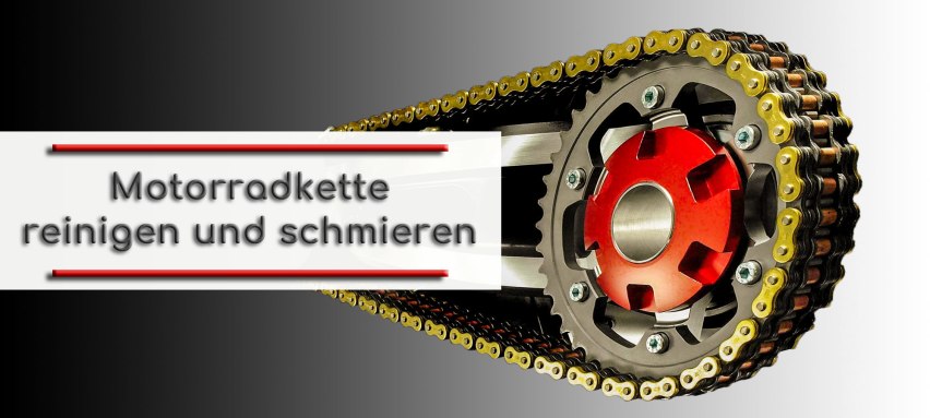 Kettenblatt eines Motorrades mit roter Zentralmutter. Um das Kettenblatt laeuft eine goldene Motorradkette. Im Textfeld steht geschrieben: Motorradkette reinigen und schmieren.