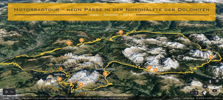 Motorradtour – neun Paesse in der Nordhaelfte der Dolomiten